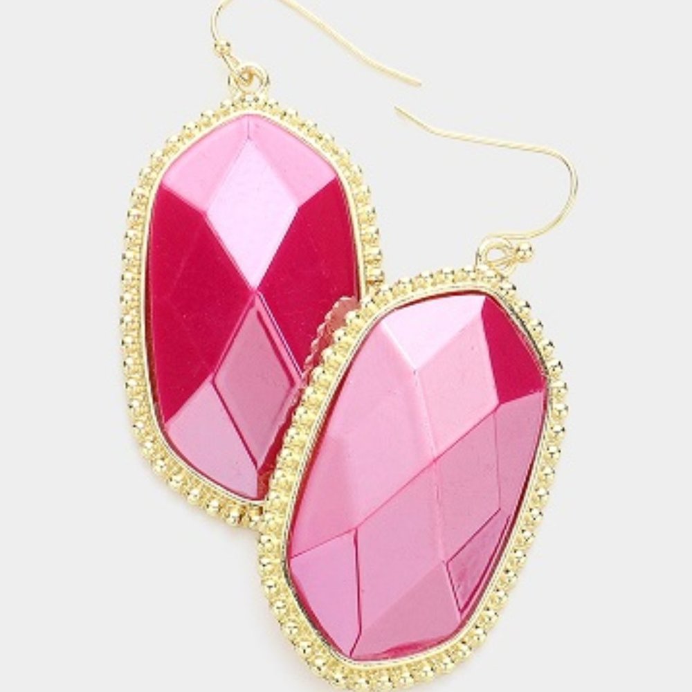 Fuchsia Hexagon Dangle Drop Earrings Gold Trim Fish Hook